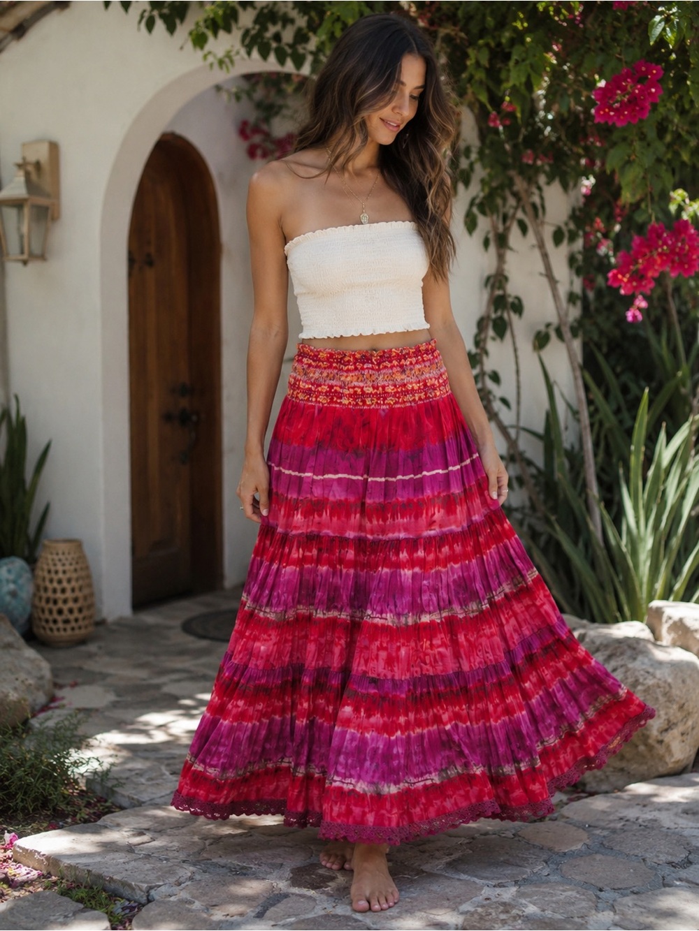 Boho Tiered Tie-Dye Maxi Skirt in Red & Pink size Medium